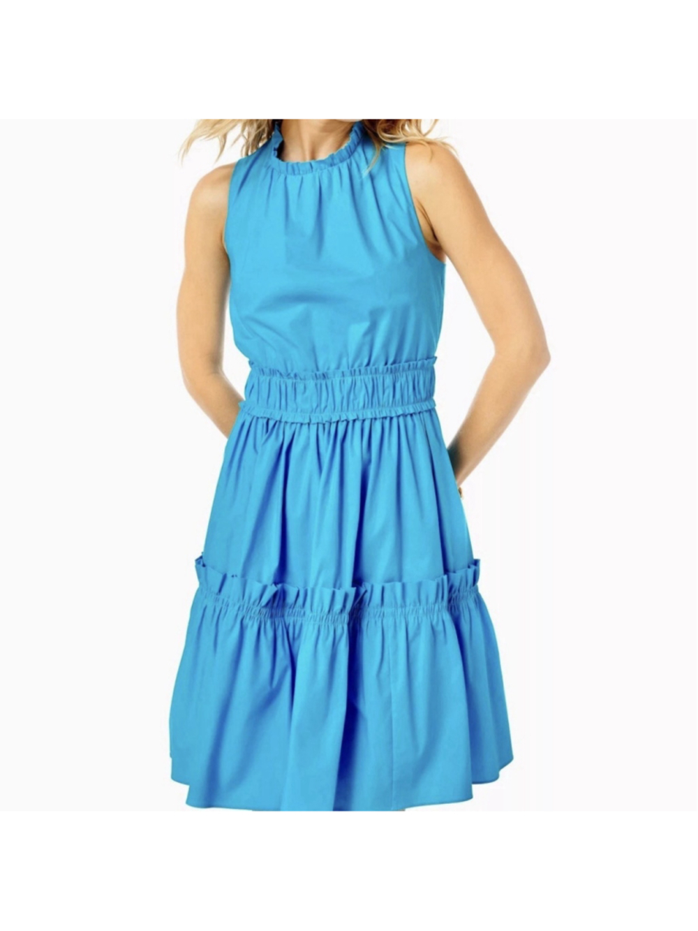 Lilly Pulitzer Elina Mini Dress Cotton Stretch Tiered Ruffle Neckline 10 Blue